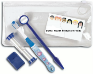 A card reading "Dental Health Products for Kids" is beside a mouth mirror, toothbrush, small hourglass, and floss container.