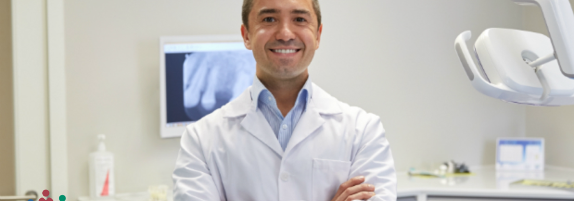 A male doctor specializing in Botox smiles with his arms crossed in a dental exam room.