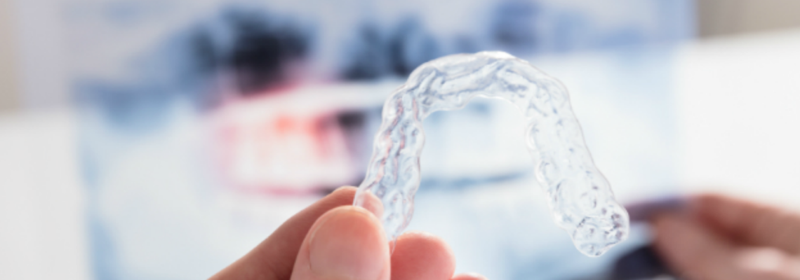 A dentist holds a clear invisalign mouth piece over a blurred x-ray.