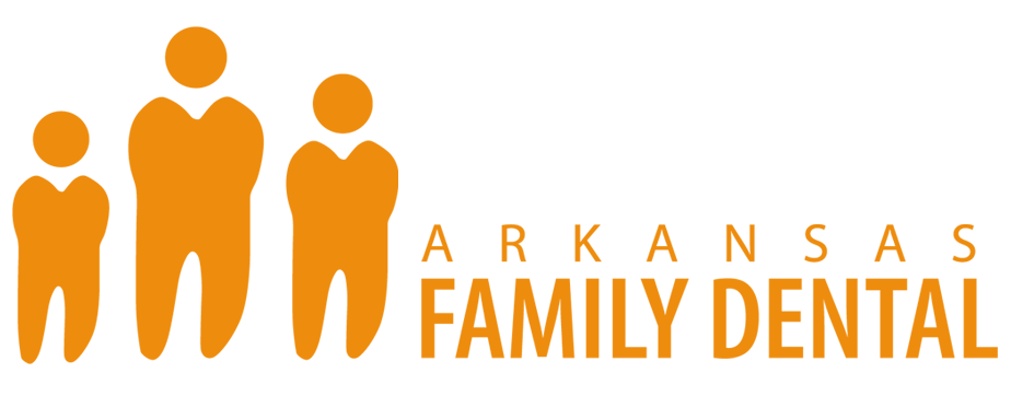 A family of three drawn figures are next to 'Arkansas Family Dental' in orange with white highlights.