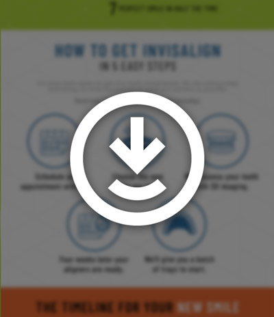 An Invisalign infographic is blurred in the background, with a white download symbol in the foreground.