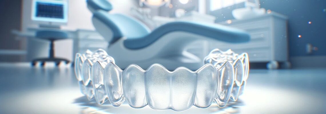 clear, custom-fit design of the trays, set against a professional dental clinic background