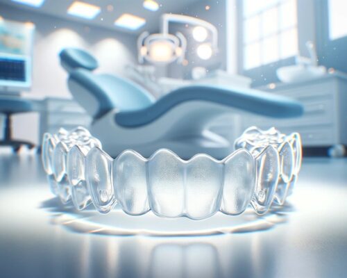 clear, custom-fit design of the trays, set against a professional dental clinic background